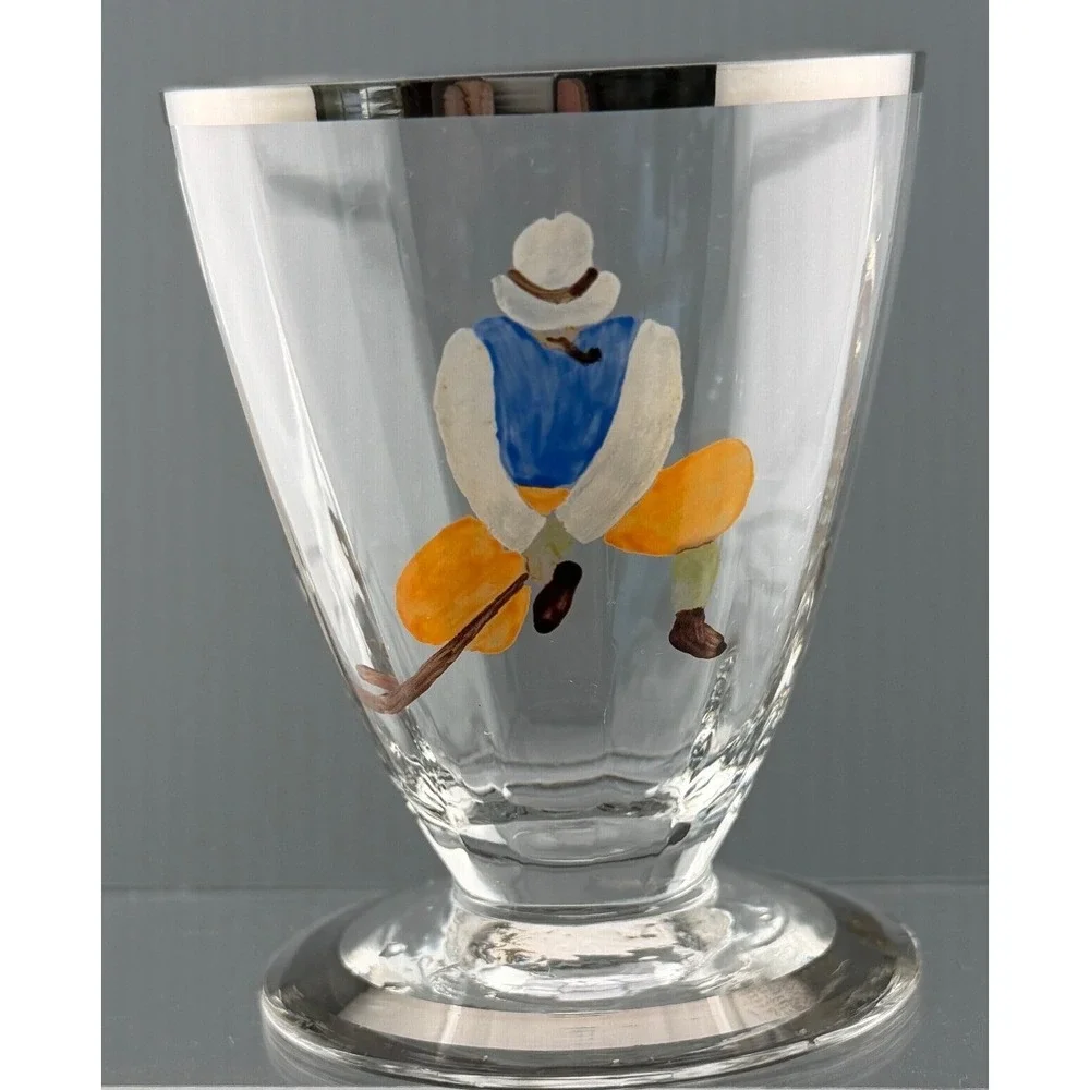 Vintage Hand Painted Golfer Cordial Glasses Pair Silver Rim 2 3/4